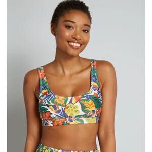ModCloth Small Crop Bikini Top Swimwear Green Floral Jungle Parrot Keyhole